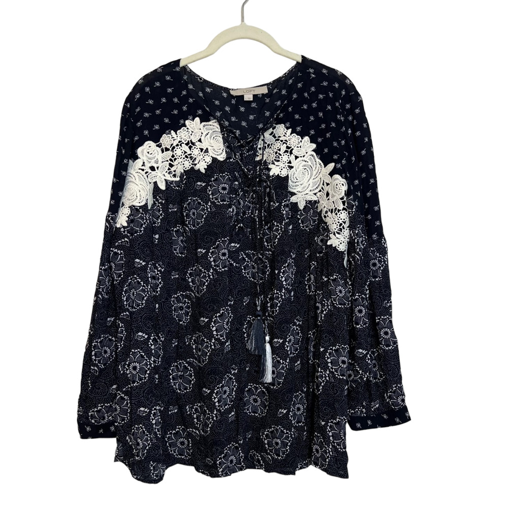 Loft Womens Peasant Blouse Large Navy White Floral Tasseled Cottagecore Boho